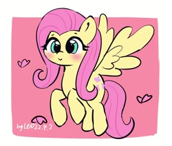 Size: 1022x868 | Tagged: safe, artist:leo19969525, fluttershy, butterfly, pegasus, pony, g4, blushing, cute, female, flying, mare, shyabetes, signature, simple background, smiling, solo, spread wings, white background, wings