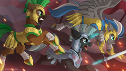 Size: 1920x1080 | Tagged: safe, artist:redchetgreen, oc, oc only, oc:cloud zapper, oc:jaeger sylva, oc:valorheart, earth pony, pegasus, pony, unicorn, armor, banner, charge, fight, fire, glowing, glowing horn, hoof blades, horn, magic, metal claws, royal guard, royal guard armor, signature, smoke, sword, telekinesis, weapon
