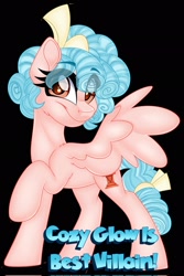 Size: 1370x2048 | Tagged: safe, artist:missbramblemele, cozy glow, pegasus, pony, g4, antagonist, black background, cozybetes, cute, female, filly, foal, looking at you, simple background, smiling, smiling at you, solo, sparkly eyes, text, wingding eyes