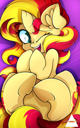 Size: 2893x4592 | Tagged: safe, artist:ahekao, sunset shimmer, pony, unicorn, g4, cute, ear fluff, eyebrows, eyebrows visible through hair, featureless crotch, female, happy, high res, hooves, horn, hug, human shoulders, jiggle, laughing, looking at you, lying down, mare, on back, one eye closed, open mouth, open smile, shimmerbetes, smiling, smiling at you, solo, tail, underhoof, weapons-grade cute, wink, winking at you