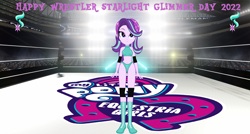 Size: 3330x1785 | Tagged: safe, artist:invisibleink, edit, edited edit, starlight glimmer, equestria girls, g4, beanie, belly button, breasts, clothes, elbow pads, hat, knee pads, shoes, solo, sports, sports bra, sports panties, starlight glimmer day, wrestler, wrestling, wrestling ring
