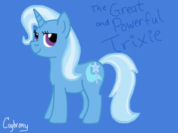 Size: 1024x768 | Tagged: safe, artist:thebrokencog, trixie, pony, unicorn, g4, blue background, simple background, smiling, solo
