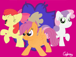 Size: 1024x768 | Tagged: safe, artist:thebrokencog, apple bloom, scootaloo, sweetie belle, earth pony, pegasus, pony, unicorn, g4, cutie mark crusaders, purple background, simple background, trio