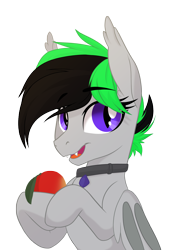 Size: 2000x2828 | Tagged: safe, artist:redchetgreen, oc, oc only, bat pony, pony, collar, food, herbivore, high res, mango, simple background, solo, transparent background