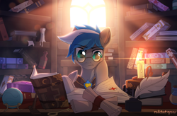 Size: 1920x1260 | Tagged: safe, artist:redchetgreen, oc, oc only, oc:cloud zapper, pegasus, pony, armor, book, bookshelf, candle, complex background, digital art, glasses, male, reading, royal guard, solo, stallion