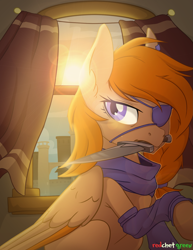 Size: 1361x1762 | Tagged: safe, artist:redchetgreen, oc, pegasus, pony, braid, clothes, curtains, eyepatch, knife, mouth hold, scarf, solo, sun, window