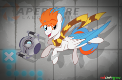 Size: 3920x2580 | Tagged: safe, artist:redchetgreen, oc, oc only, oc:alanrepick, pegasus, pony, aperture science, clothes, colored wings, flying, high res, pegasus oc, portal (valve), scarf, solo, tail, two toned hair, two toned mane, two toned tail, two toned wings, wheatley, wings