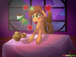 Size: 4000x3000 | Tagged: safe, artist:redchetgreen, oc, oc only, pony, unicorn, chocolate, floppy ears, food, heart, night, solo, table, teapot, tongue out, window