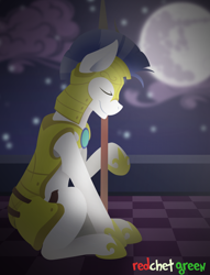Size: 1300x1700 | Tagged: safe, artist:redchetgreen, oc, oc only, earth pony, pony, cloud, mare in the moon, moon, night, sleeping, solo, spear, stars, weapon