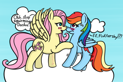 Size: 1280x853 | Tagged: safe, artist:subleni, fluttershy, rainbow dash, pegasus, pony, g4, cloud, female, lesbian, ship:flutterdash, shipping