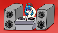 Size: 1280x731 | Tagged: safe, artist:subleni, dj pon-3, vinyl scratch, pony, unicorn, g4, headset, red background, simple background, solo, speaker, vinyl's glasses