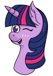 Size: 1280x1817 | Tagged: safe, artist:subleni, twilight sparkle, g4, bust, cute, one eye closed, open mouth, open smile, portrait, simple background, smiling, solo, white background, wink