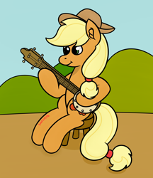 Size: 1280x1482 | Tagged: safe, artist:subleni, applejack, g4, banjo, hat, musical instrument, playing instrument, simple background