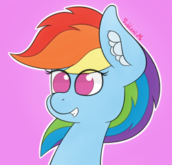 Size: 1280x1228 | Tagged: safe, artist:subleni, rainbow dash, g4, bust, pink background, portrait, simple background, solo