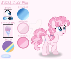 Size: 1280x1077 | Tagged: safe, artist:purplepotato04, oc, oc:sugar cone pie, earth pony, pony, deviantart watermark, female, mare, obtrusive watermark, offspring, parent:double diamond, parent:pinkie pie, parents:doublepinkie, reference sheet, show accurate, solo, watermark