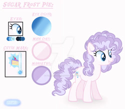 Size: 1280x1118 | Tagged: safe, artist:purplepotato04, oc, oc:sugar frost pie, earth pony, pony, female, mare, obtrusive watermark, offspring, parent:double diamond, parent:pinkie pie, reference sheet, show accurate, solo, watermark