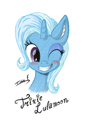 Size: 2481x3508 | Tagged: safe, artist:memprices, trixie, pony, unicorn, g4, blushing, bust, clip studio paint, cute, diatrixes, ear fluff, ears up, female, front view, high res, horn, looking at you, mare, one eye closed, pencil, pencil drawing, signature, simple background, smiling, smiling at you, solo, text, traditional art, white background, wink, winking at you