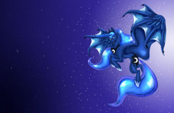 Size: 1280x835 | Tagged: safe, artist:aprilsilverwolf, princess luna, alicorn, dracony, dragon, hybrid, pony, g4, blue mane, blue tail, dracony alicorn, dragon wings, dragonified, fangs, female, flowing mane, flowing tail, flying, hoof shoes, horn, hybrid wings, large wings, long horn, mare, moon, moonlight, night, open mouth, sky, smiling, solo, species swap, spread wings, stars, tail, teeth, wings