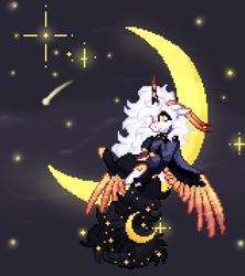 Size: 1886x2120 | Tagged: safe, artist:sscorpionsss, oc, oc only, alicorn, pony, alicorn oc, crescent moon, horn, moon, pixel art, shooting star, sitting, solo, stars, tangible heavenly object, transparent moon, wings