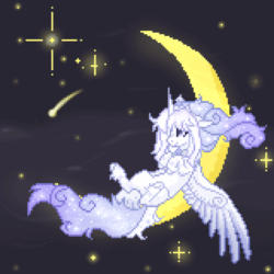 Size: 1500x1500 | Tagged: safe, artist:sscorpionsss, oc, oc only, alicorn, pony, alicorn oc, animated, commission, crescent moon, ethereal mane, gif, horn, moon, pixel art, shooting star, sitting, solo, starry mane, stars, tangible heavenly object, transparent moon, wings, ych result