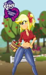 Size: 963x1572 | Tagged: safe, artist:spired_cake, applejack, equestria girls, g4, big breasts, breasts, bucket, busty applejack, cleavage, clothes, denim, eyelashes, female, front knot midriff, jeans, midriff, outdoors, pants, solo