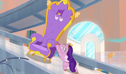 Size: 1314x778 | Tagged: safe, screencap, pipp petals, pegasus, pony, a home to share, g5, my little pony: tell your tale, spoiler:g5, spoiler:my little pony: tell your tale, spoiler:tyts01e01, bipedal, bipedal leaning, chair, female, leaning, mare, pushing, solo, sweat