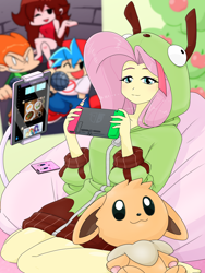 Size: 1668x2224 | Tagged: safe, artist:batipin, fluttershy, eevee, antonymph, cutiemarks (and the things that bind us), vylet pony, equestria girls, g4, boyfriend (friday night funkin), cellphone, clothes, controller, female, fluttgirshy, friday night funkin', game, gamer fluttershy, gir, girlfriend (friday night funkin), hoodie, invader zim, kirby, kirby (series), nintendo switch, phone, pico, plushie, pokémon, smartphone, solo, tablet