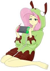 Size: 1721x2426 | Tagged: safe, alternate version, artist:batipin, fluttershy, antonymph, cutiemarks (and the things that bind us), vylet pony, equestria girls, g4, barefoot, feet, female, fluttgirshy, gamer fluttershy, gir, invader zim, nintendo switch, simple background, solo, transparent background