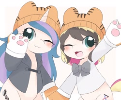 Size: 1947x1608 | Tagged: safe, artist:adamai_0517, artist:ginmaruxx, oc, oc only, big cat, earth pony, pony, tiger, unicorn, :3, animal costume, blushing, clothes, costume, cute, duo, duo female, female, hat, jacket, looking at you, mare, ocbetes, one eye closed, open mouth, paw pads, paws, simple background, white background, wink, winking at you, year of the tiger