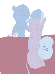 Size: 640x854 | Tagged: safe, artist:redpanda13t, trixie, twilight sparkle, unicorn, semi-anthro, g4, april fools, arm hooves, couch, dialogue, stop sign