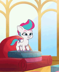 Size: 294x356 | Tagged: safe, screencap, zipp storm, pegasus, pony, g5, my little pony: tell your tale, zipp's flight school, spoiler:g5, spoiler:my little pony: tell your tale, spoiler:tyts01e02, adorazipp, animated, bouncing, chair, cropped, cushion, cute, feathered wings, female, filly, filly zipp storm, flashback, foal, folded wings, gif, jumping, loop, smiling, solo, weapons-grade cute, wings, younger