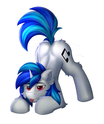 Size: 4148x4964 | Tagged: safe, artist:flapstune, dj pon-3, vinyl scratch, pony, unicorn, g4, butt, cute, face down ass up, horn, looking at you, male, plot, record scrape, red eyes, rule 63, simple background, stallion, tongue out, transparent background, wiggle