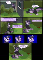 Size: 1037x1446 | Tagged: safe, artist:dendoctor, mean twilight sparkle, alicorn, pony, comic:clone.., g4, alternate universe, clone, clothes, comic, crying, exclamation point, female, injured, question mark, twilight sparkle (alicorn)