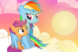 Size: 1280x857 | Tagged: safe, artist:mlplary6, rainbow dash, scootaloo, pegasus, pony, g4, cloud, female, filly, foal, hug, looking at each other, mare, scootalove, siblings, sisters, sky, smiling, smiling at each other, sun, sunset, winghug, wings