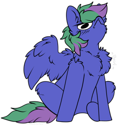 Size: 1110x1174 | Tagged: safe, artist:ababumilkshake, oc, oc only, oc:lishka, pegasus, pony, :c, >:c, behaving like a bird, chest fluff, commission, commissioner:biohazard, cute, eyebrows, female, fluffy, frown, furrowed brow, hair over one eye, mare, onomatopoeia, peacocking, pegasus oc, silly, silly pony, simple background, solo, tail, transparent background, two toned mane, two toned tail, wing fluff, wings, ych result