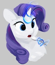 Size: 1015x1182 | Tagged: safe, artist:some_ponu, rarity, pony, unicorn, g4, bust, glowing, glowing horn, gray background, horn, levitation, magic, open mouth, portrait, simple background, solo, spoon, telekinesis