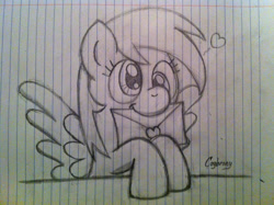 Size: 1024x765 | Tagged: safe, artist:thebrokencog, derpy hooves, pegasus, pony, g4, envelope, heart, lined paper, mouth hold, sketch, solo, traditional art