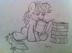 Size: 1024x759 | Tagged: safe, artist:thebrokencog, twilight sparkle, pony, unicorn, g4, book, bookhorse, sketch, solo, traditional art, unicorn twilight