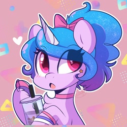 Size: 1200x1200 | Tagged: safe, artist:sakukitty, izzy moonbow, pony, unicorn, g5, alternate hairstyle, bow, bracelet, bubble tea, chest fluff, choker, cute, drink, eye clipping through hair, female, glitter, holding, hoof hold, horn, izzybetes, jewelry, mare, open mouth, solo, tamagotchi