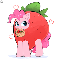 Size: 1324x1324 | Tagged: safe, artist:glazirka, pinkie pie, earth pony, pony, g4, basket, clothes, costume, food, food costume, heart, mouth hold, simple background, solo, strawberry, strawberry costume, white background