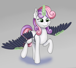 Size: 2321x2069 | Tagged: safe, artist:fess, sweetie belle, pony, unicorn, g4, artificial wings, augmented, cute, cute little fangs, ear fluff, fangs, female, filly, foal, glowing, glowing horn, harness, high res, horn, magic, magic aura, mare, mechanical wing, raised hoof, simple background, solo, teeth, telekinesis, wings