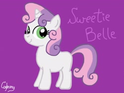 Size: 2048x1536 | Tagged: safe, artist:thebrokencog, sweetie belle, pony, unicorn, g4, female, filly, foal, purple background, simple background, solo