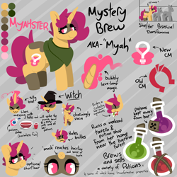 Size: 3000x3000 | Tagged: safe, artist:myahster, oc, oc only, oc:mystery brew, pony, unicorn, female, frown, hat, high res, horn, mare, multeity, no pupils, potion, reference sheet, shawl, smiling, solo, unicorn oc, witch, witch hat