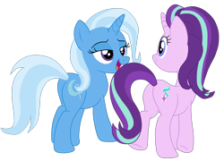 Size: 2702x1946 | Tagged: safe, artist:gmaplay, starlight glimmer, trixie, pony, unicorn, g4, butt, duo, duo female, female, glimmer glutes, high res, hooves, horn, lesbian, lidded eyes, looking at someone, mare, open mouth, open smile, plot, ship:startrix, shipping, simple background, smiling, tail, the great and powerful ass, transparent background