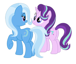 Size: 1900x1622 | Tagged: safe, artist:gmaplay, starlight glimmer, trixie, pony, unicorn, g4, butt, duo, duo female, female, glimmer glutes, grin, hooves, horn, lesbian, lidded eyes, looking at each other, looking at someone, mare, plot, raised hoof, ship:startrix, shipping, simple background, smiling, standing, tail, the great and powerful ass, transparent background, underhoof