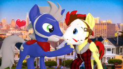 Size: 1920x1080 | Tagged: safe, artist:sky chaser, oc, oc:sky chaser, oc:thunderhoof, pegasus, pony, unicorn, wolf, wolf pony, 3d, beard, clothes, couple, eye contact, facial hair, gay, heart, hockey mask, jacket, looking at each other, looking at someone, male, mask, san francisco, scarf, source filmmaker