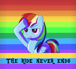 Size: 3000x2749 | Tagged: safe, artist:trackheadtherobopony, rainbow dash, pegasus, pony, g4, april fools, high res, mlem, r/place, rainbow, rainbow background, reddit, salute, silly, solo, the ride never ends, tongue out