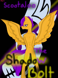 Size: 1024x1366 | Tagged: safe, artist:lorapon3, scootaloo, pegasus, pony, g4, arm behind back, black background, evil, evil scootaloo, female, mare, older, older scootaloo, shadowbolt scootaloo, shadowbolts, signature, simple background, solo, standing on two hooves, text