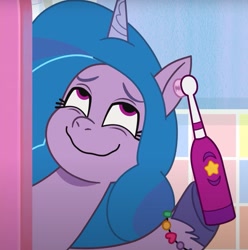 Size: 1657x1671 | Tagged: safe, screencap, izzy moonbow, pony, unicorn, g5, my little pony: tell your tale, nightmare roommate, spoiler:g5, spoiler:my little pony: tell your tale, spoiler:tyts01e04, cropped, electric toothbrush, female, hoof hold, mare, pleasure, solo, wavy mouth
