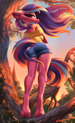 Size: 1221x2000 | Tagged: safe, artist:jumperkit, oc, oc only, oc:serenity pond, earth pony, anthro, unguligrade anthro, ass, bedroom eyes, breasts, butt, castle, clothes, female, floppy ears, hooves, looking at you, looking back, looking back at you, pondbutt, shorts, smiling, smiling at you, solo, sunset, tree, windswept hair